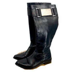 Friis & Company black knee high pointed toe silver logo plate detail boots EU 37